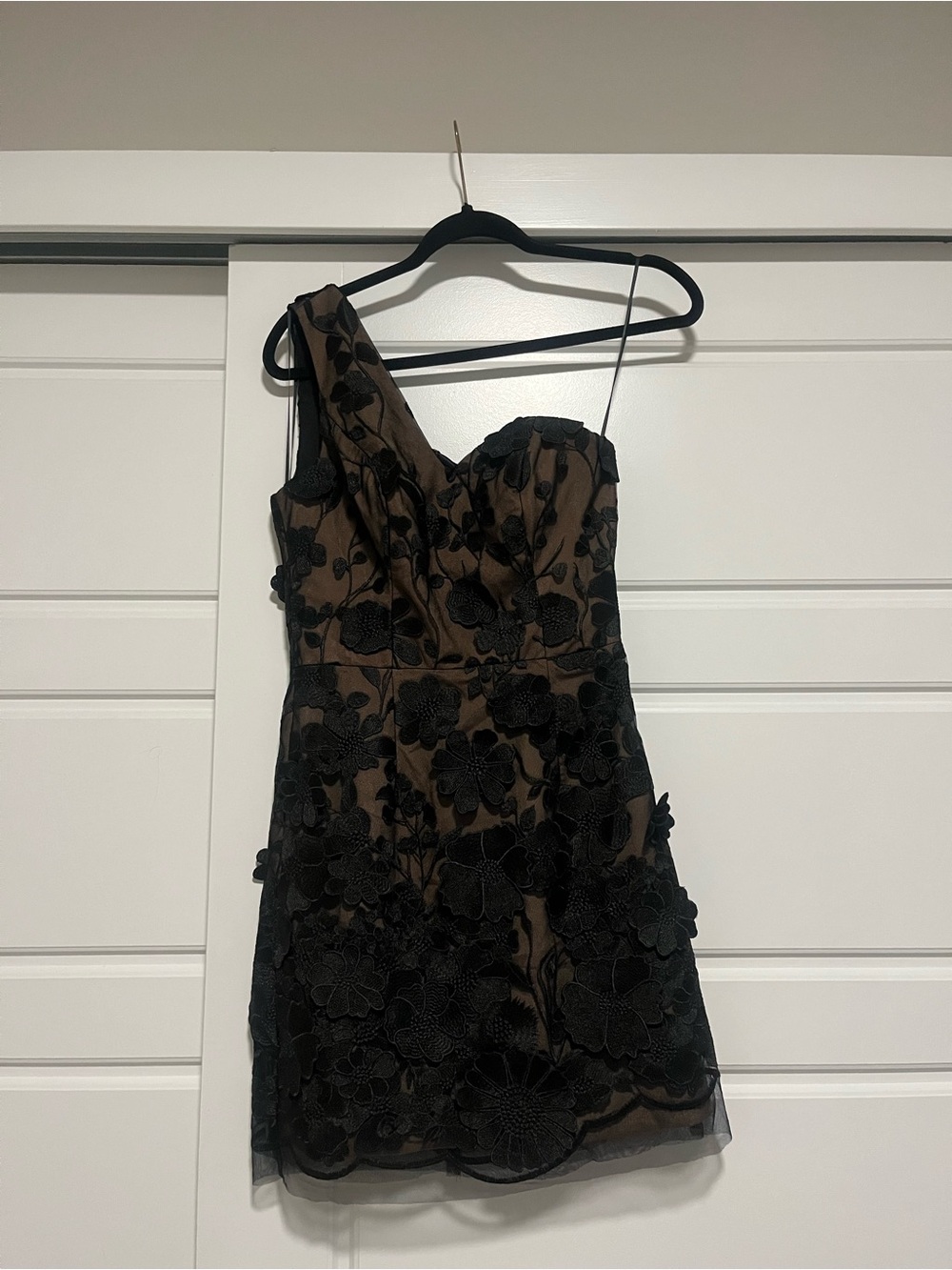 Dress the Population Black Floral Appliqué Asymmetrical Mini Dress